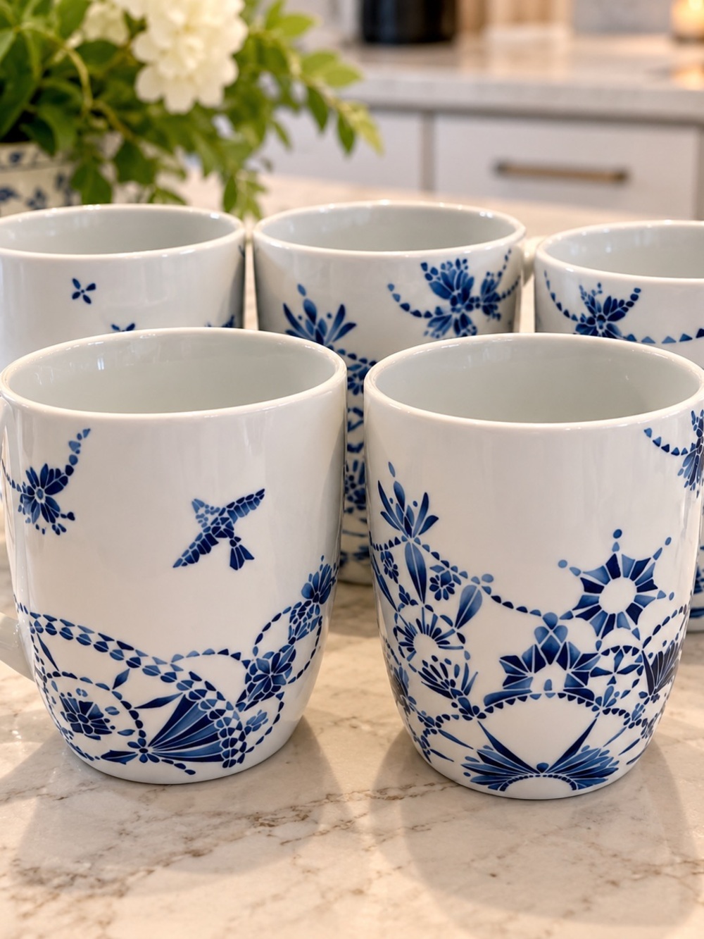 IKEA PROMENAD Set of 5 Blue & White Floral Bird Ceramic Mugs